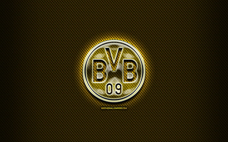 Borussia Dortmund FC, glass logo, yellow abstract background, Bundesliga, soccer, german football club, Borussia Dortmund logo, football, creative, BVB, Borussia Dortmund, Germany, HD wallpaper
