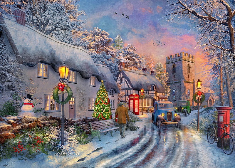 Christmas Eve, houses, people, car, village, snowman, winter, street, artwork, snow, digital, HD wallpaper