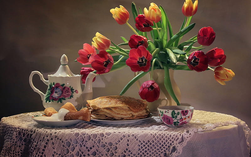 Food, Crêpe, Flower, Still Life, Tea, Teapot, Tulip, Vase, HD wallpaper