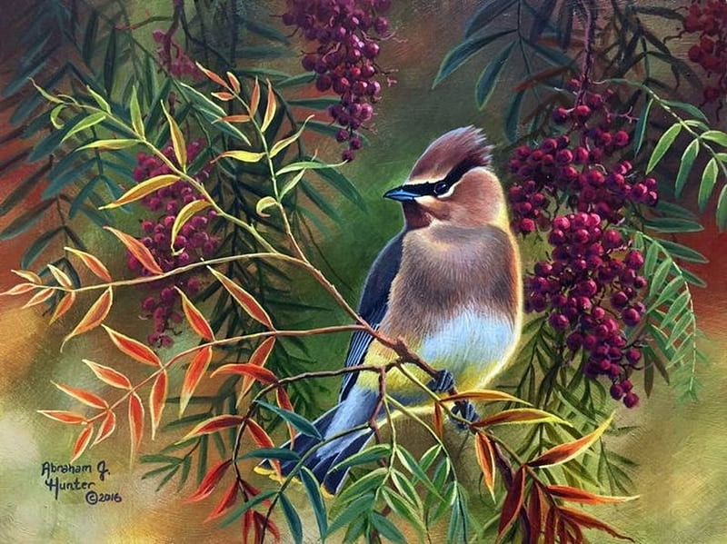 Birds, fruit, bird, berry, painting, pasari, abraham hunter, pictura, leaf, HD wallpaper