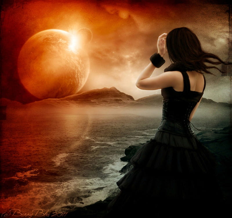 The Last three Minutes, moon, gothic, black, sunset, lady, HD wallpaper