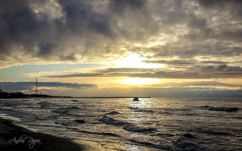 Sea and Breakwater, Latvia, sunset, clouds, sea, HD wallpaper