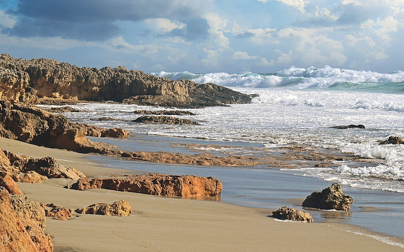 Beach in Cyprus, waves, rocks, beach, sea, coast, Cyprus, HD wallpaper