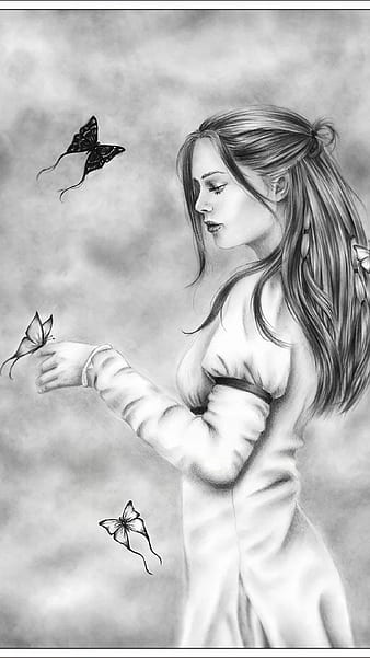 Pencil Drawing, A Girl With Buttetfly, art work, sketch art, HD phone  wallpaper