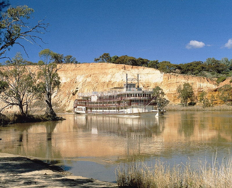 Paddle Steamer on the Murray River, mountains, paddle steamer, australia, river, trees, HD wallpaper