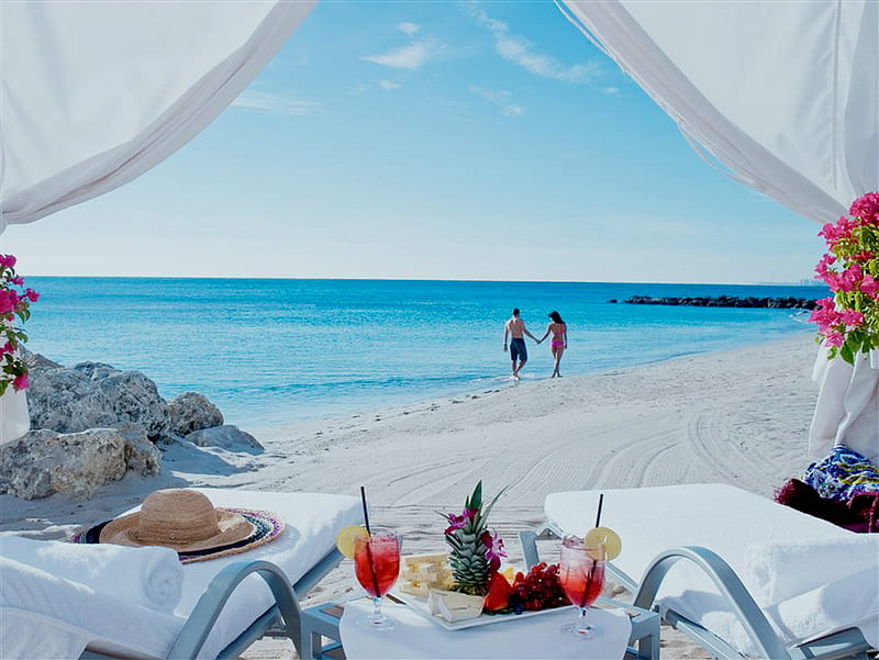 Breakfast at Miami Beach, table, miami, curtains, fruits, breakfast, armchairs, beach, coffee, flowers, HD wallpaper