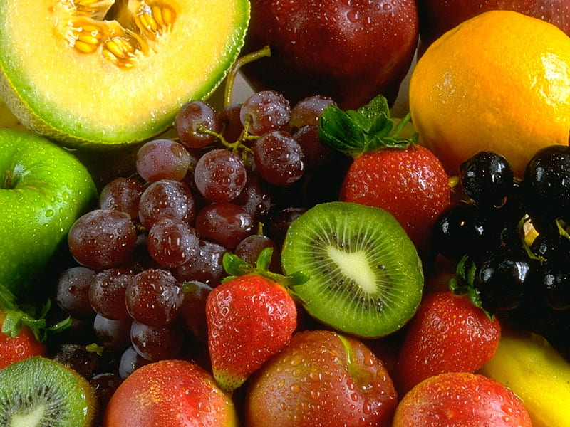 Tasty Fruits, apple, red, strawberry, kiwi, fruits, bananas, grape, yelow, green, purple, tasty, banana, strawberrys, HD wallpaper