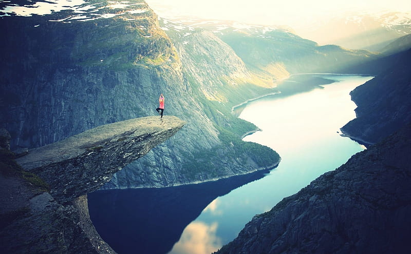 Yoga, posing, cliffs, mountains, nature, HD wallpaper