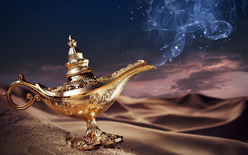 Aladdins lamp desert, dunes, fairy tale, smoke, lamp, HD wallpaper