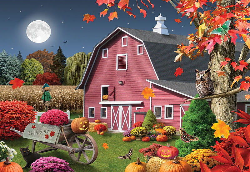 Hootin Harvest Moon, barn, leaves, fall, colors, flowers, owl, cart, pumpkins, artwork, digital, HD wallpaper