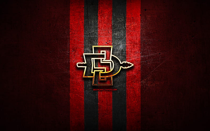 San Diego State Aztecs, golden logo, NCAA, red metal background, american football club, San Diego State Aztecs logo, american football, USA, HD wallpaper