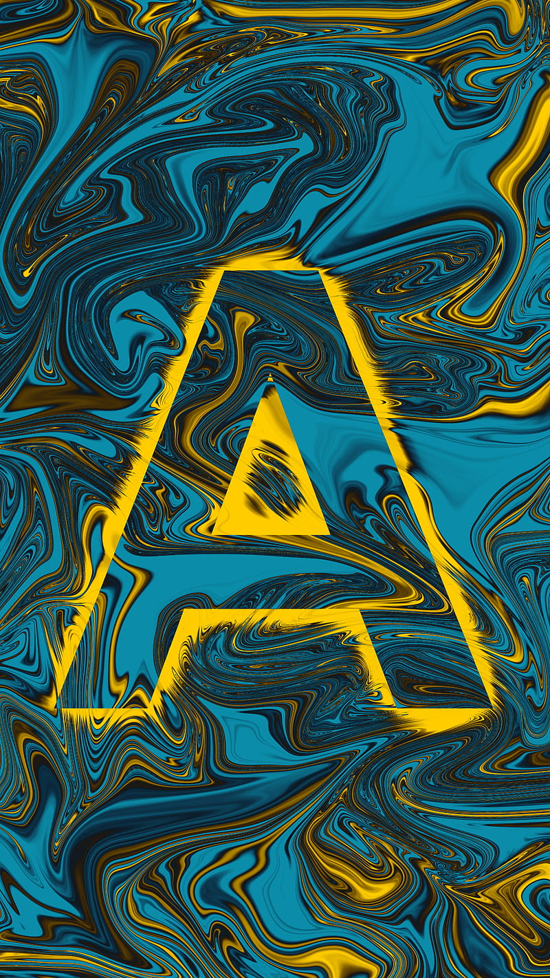 Letter A blue cream, abstract, fluid, letter A, liquid, oil, yellow, HD phone wallpaper