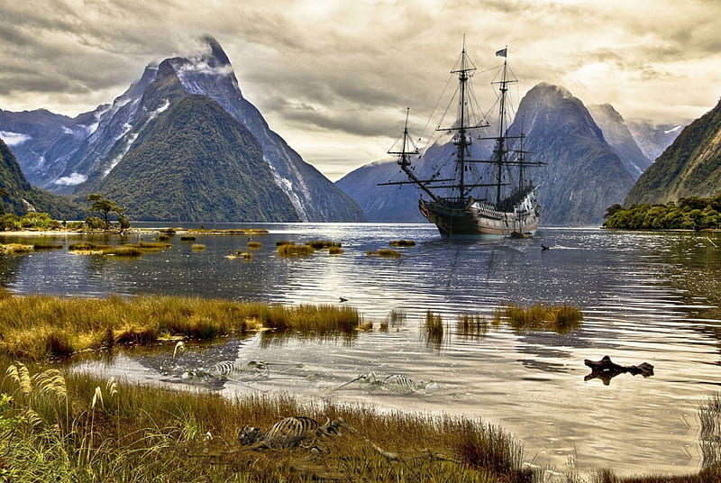 *** Ship at sea ***, statek, gory, morze, nature, HD wallpaper