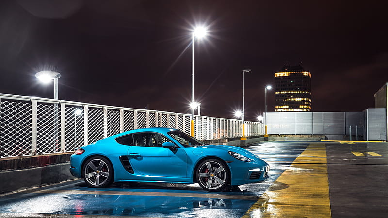 Porsche Cayman S, supercars night, parking, blue Cayman, HD wallpaper