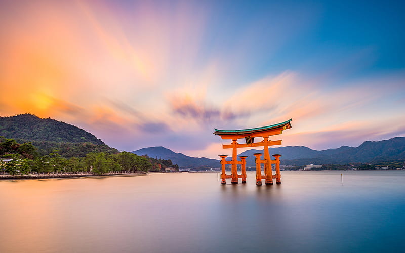 Torii, Hiroshima Japanese gate, sunset, temple, japan, Asia, Itsukushima Shrine, The Great Torii, japanese landmarks, Miyajima, HD wallpaper