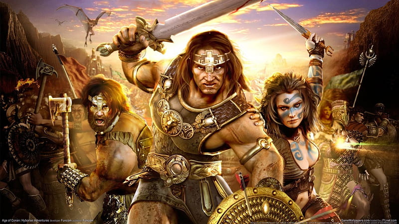 Age of Conan, attack, conan, three characters, HD wallpaper