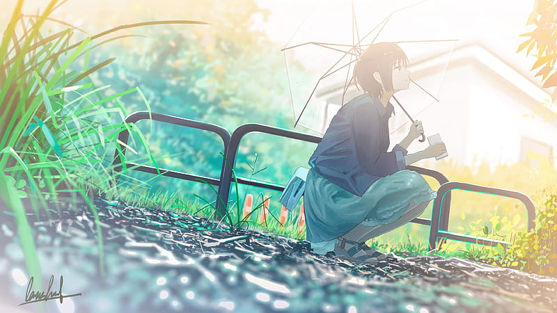 anime girl, looking above, umbrella, plants, Anime, HD wallpaper