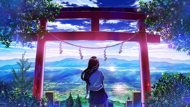 / shrine, landscape, high view, summer, plants, trees, mountains, sky, clouds, anime, HD wallpaper
