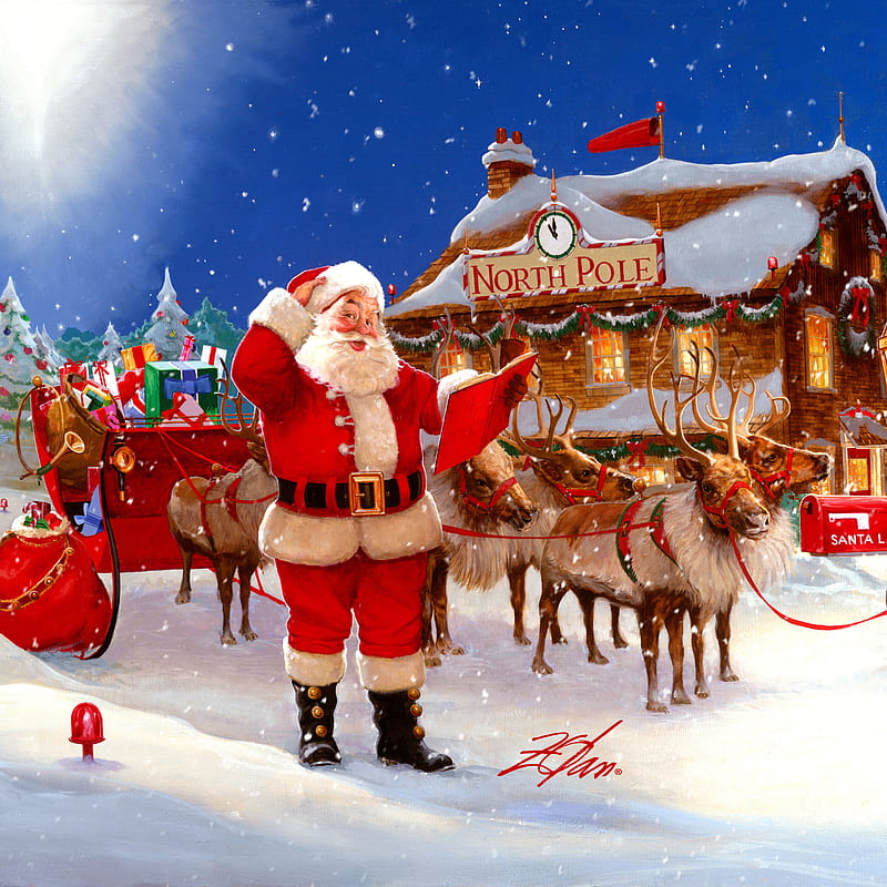 Santa's Flight Plans, Advent, Artwork, Christmas, Christmastime, Classic Donald Zolan, Father Christmas, Holiday, Illustrations, Santa Claus, Wintry, Zolan, xmas, HD phone wallpaper