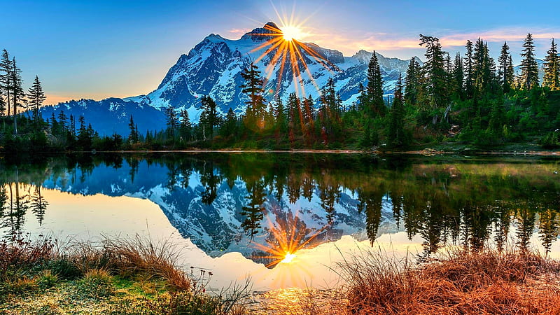 Landscape View Of White Covered Mountains Green Trees In Sunrise Background Reflection On River Sunrise, HD wallpaper