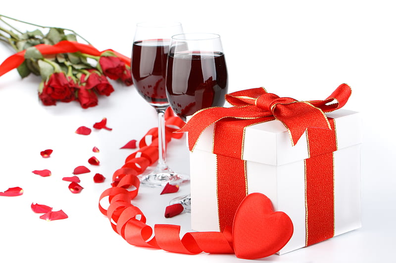 Romance, red, rose, glasses, box, bonito, elegant, graphy, love, flowers, drink, romantic, holiday, wine, ribbon, gift, roses, cool, bouquet, heart, flower, petals, HD wallpaper