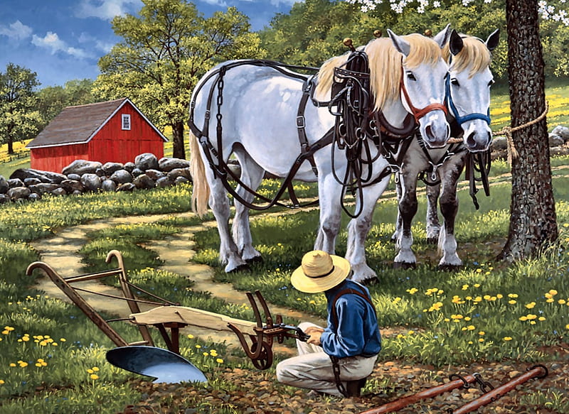 Hitchin' Up F1, art, plow, equine, bonito, horse, artwork, animal, farm, painting, wide screen, HD wallpaper