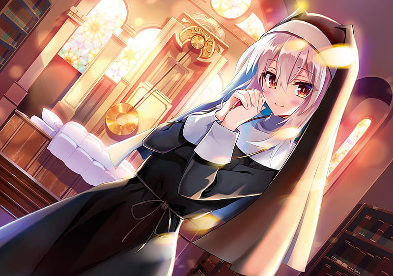 anime girl, nun outfit, church, cute, Anime, HD wallpaper
