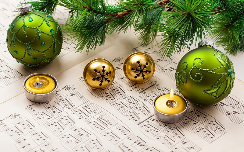 The Christmas Song, carol, ornaments, song, green, christmas, candles, jingle bells, HD wallpaper