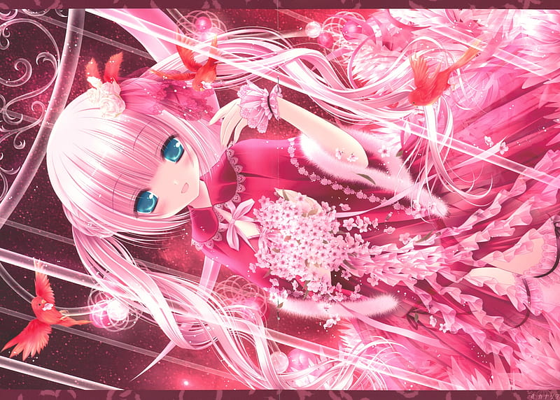 pink loli, dress, lolita, chage, ribbons, tinkle, cute, blue eyes, long hair, pink hair, HD wallpaper