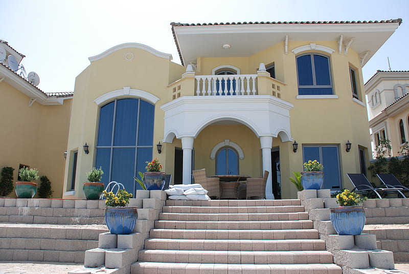 villa warm, house, balcony, home, bonito, modern, flowers, white, blue, HD wallpaper
