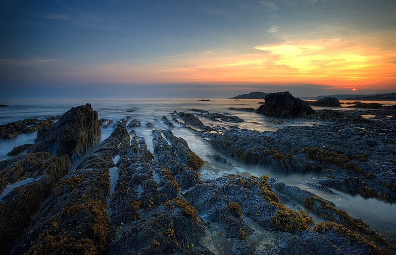 The horizon, rocks, art, horizon, sun, ocean, sky, clouds, graphy ...