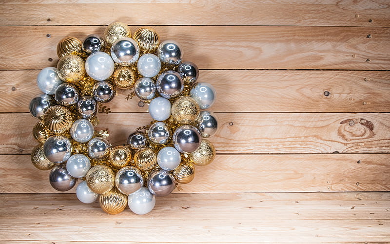 Christmas wreath, New Year, light wooden background, creative wreath, golden balls, silver balls, wreath from Christmas balls, HD wallpaper