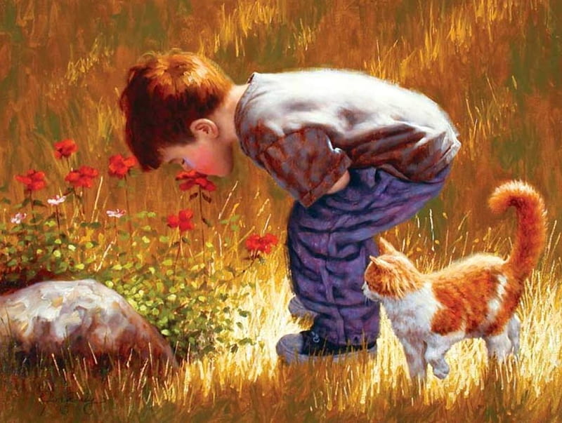 The Scent of Spring, boy, stone, painting, flower, cat, artwork, HD wallpaper