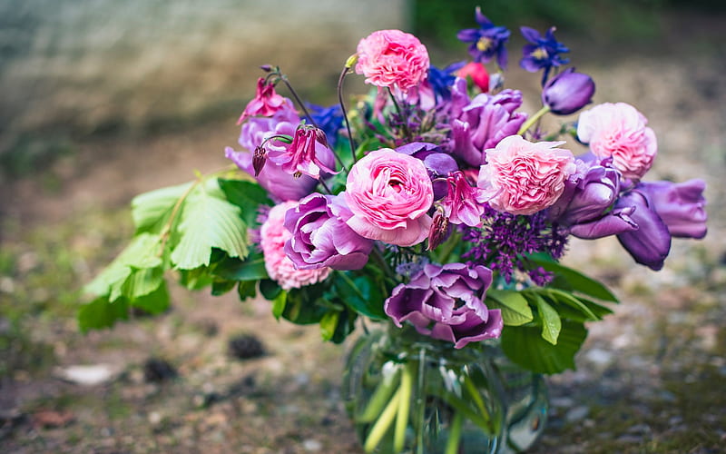 pink roses, beautiful bouquet, purple tulips, beautiful flowers in a vase, roses, HD wallpaper