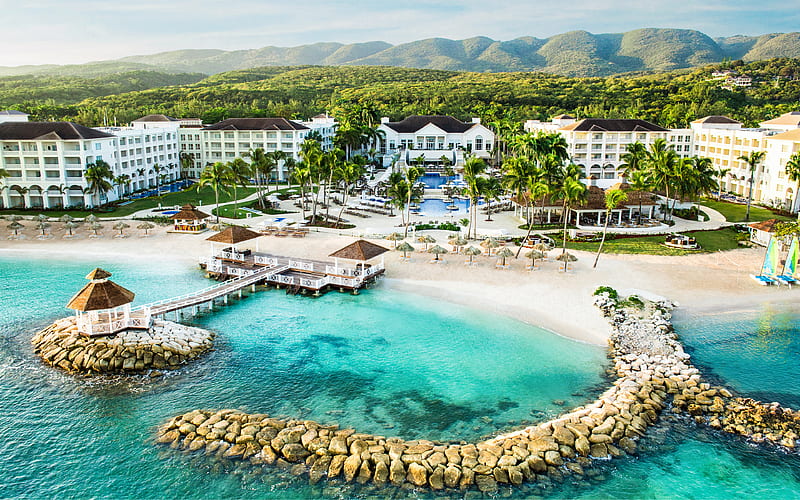 Montego Bay, Jamaica, Caribbean Sea, coast St James, resort, beach, palm, sea, HD wallpaper