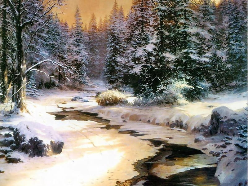 Winter End, forest, painting, ice, nature, river, bonito, winter, HD wallpaper