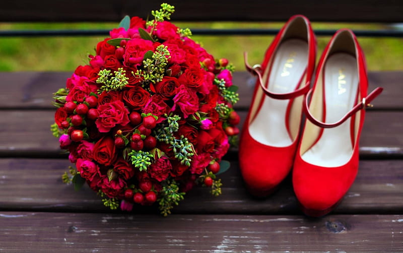 Wedding Time, red, wedding, bouquet, shoes, HD wallpaper