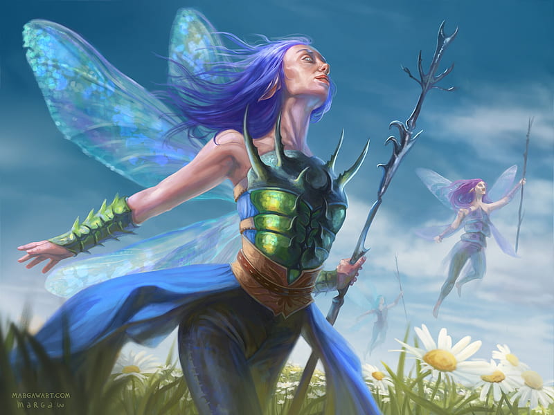 Fairy, margarita bourkova, wings, luminos, green, girl, blue, art, frumusete, fantasy, HD wallpaper