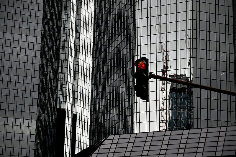 traffic light, skyscraper, mirror, HD wallpaper