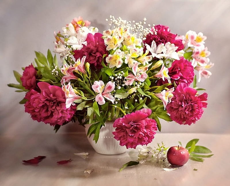 Floral Still Life, apple, ple, bouquet, painting, flowers, lilies, artwork, peonies, HD wallpaper