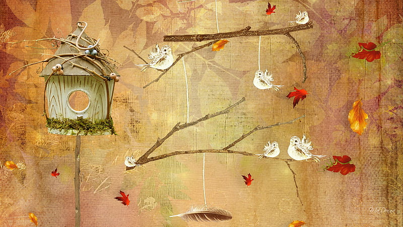 Birds and Leaves to Fly, bird house, fall, autumn, twigs, wind, birds, firefox persona, leavs, HD wallpaper