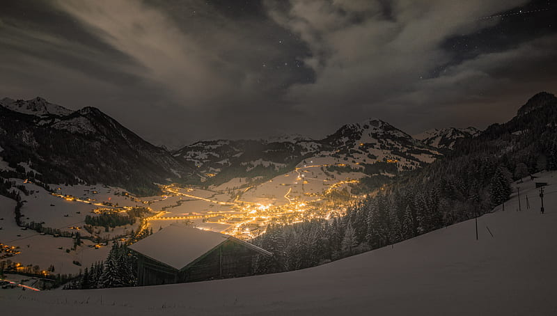 mountains, valley, village, snow, night, lights, HD wallpaper