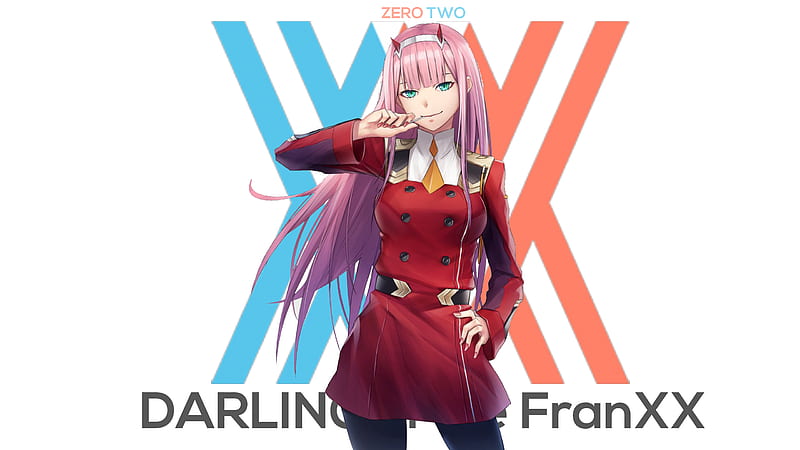 Darling In The FranXX Zero Two Hiro Zero Two With Wearing Red Dress And Long Pink Hair With Background Of White And Center Red And Blue X Anime, HD wallpaper