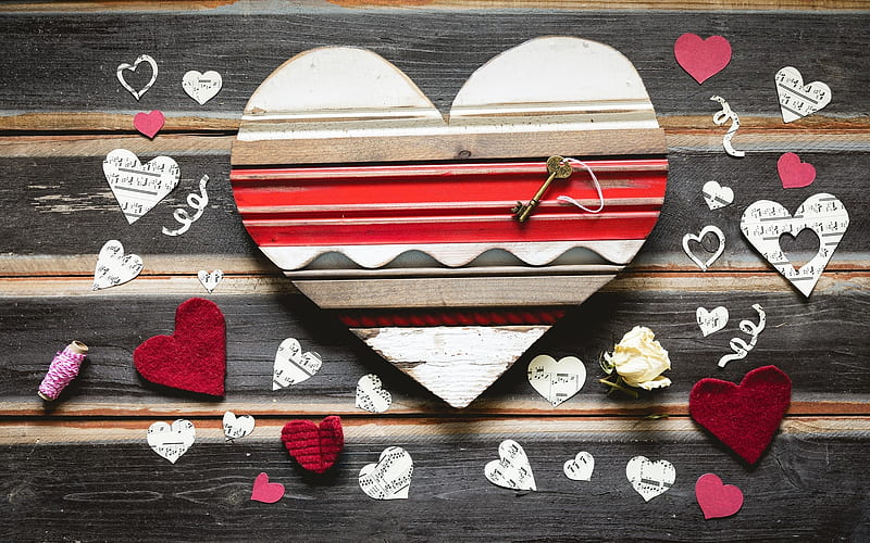 Happy Valentines!, handcraft, corazones, key, love, wooden, HD wallpaper