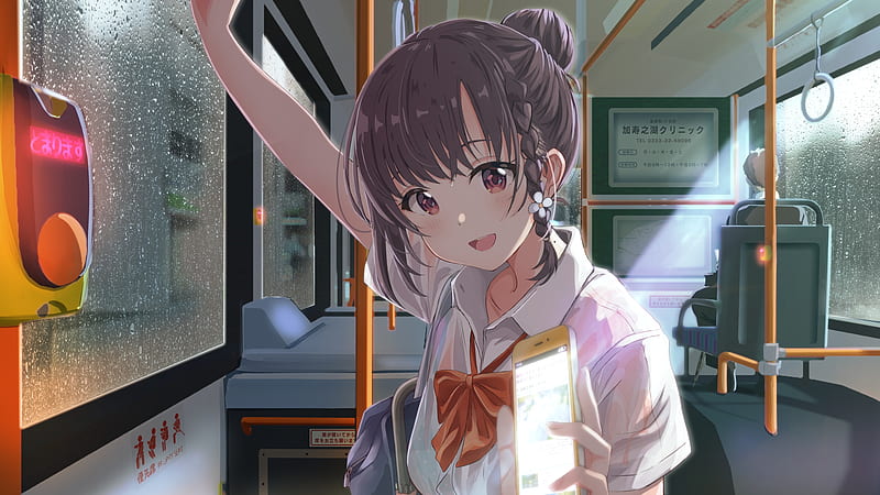 attractive anime girl, school uniform, raining, wet clothes, braid, Anime, HD wallpaper