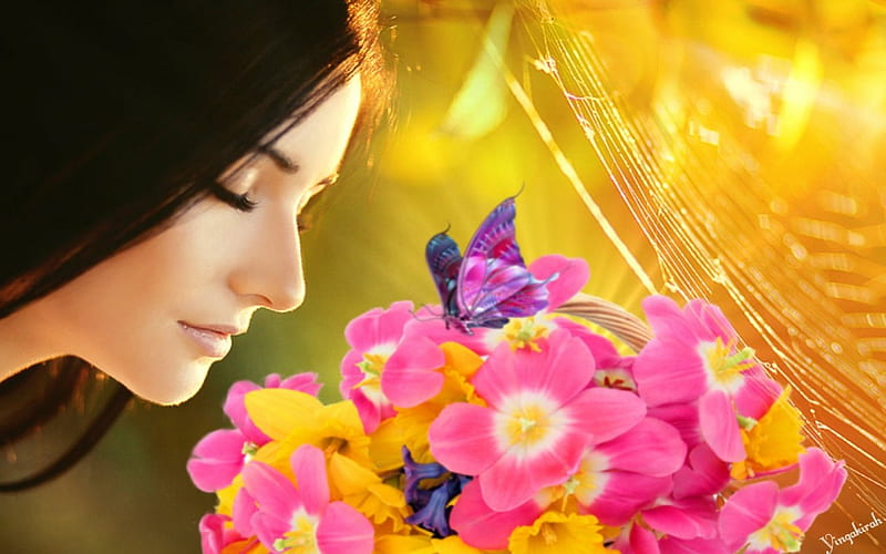 Fresh flowers, flowers, face, woman, buterfly, HD wallpaper | Peakpx