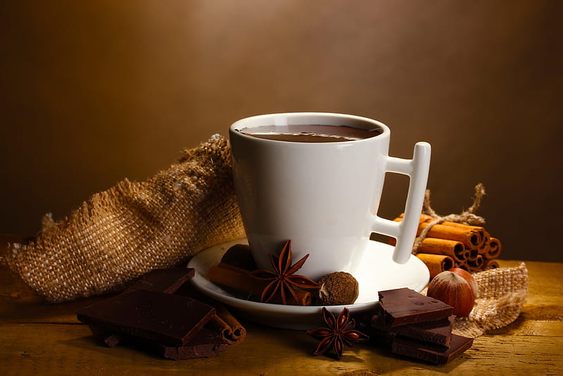 Hot Chocolate, pretty, cup of coffee, chocolate, bonito, anise, sweet, graphy, hot, beauty, lovely, romantic, romance, cinnamon, nuts, coffee, cup, HD wallpaper