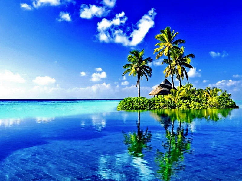 Tropical waters, travel, sunny, bonito, clouds, mirrored, sea, palm trees, nice, reflection, tropics, blue, rest, vacation, exotic, lovely, holiday, clear, ocean, relax, sky, palms, waters, crystal, island, nature, tropical, HD wallpaper