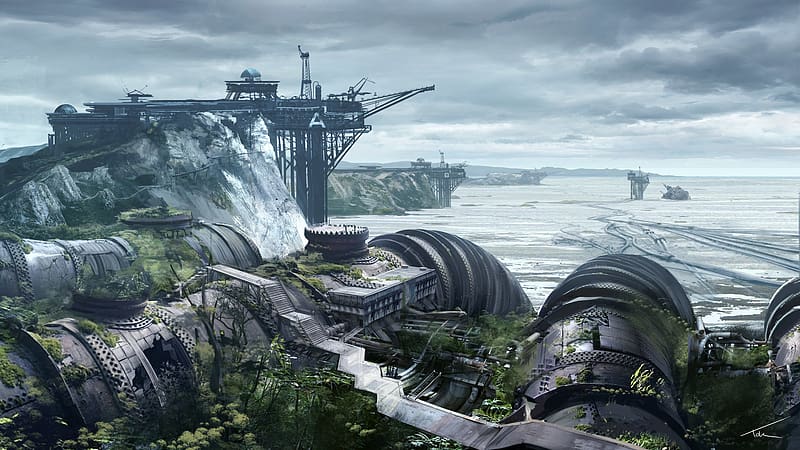Landscape, Building, Sci Fi, Cloud, Ruin, Post Apocalyptic, Oil Platform, HD wallpaper