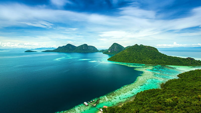 Equatorial islands, islands, Malaysia, ocean, equator, sky, sea, green, paradise, bluew, beauty, nature, coastal, white, HD wallpaper